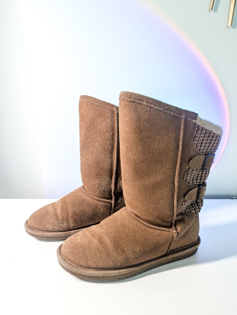 Bearpaw Boshie Tall Suede Boots Knit Buckle Sherpa Lined Size 7.5 Cozy Winter